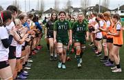 15 February 2024; Connacht players after their side's victory in the U18 Girls Interprovincial semi-final match between Ulster and Connacht at Terenure College RFC in Dublin. Photo by Seb Daly/Sportsfile