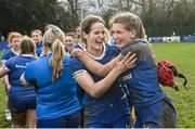 15 February 2024; Leinster players Usha Daly O'Toole, left, and Carla Cloney after the U18 Girls Interprovincial semi-final match between Leinster and Munster at Terenure College RFC in Dublin. Photo by Seb Daly/Sportsfile