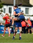 15 February 2024; Emma Brogan of Leinster, 14, celebrates with teammate Caoimhe McCormack after their side's victory in the U18 Girls Interprovincial semi-final match between Leinster and Munster at Terenure College RFC in Dublin. Photo by Shauna Clinton/Sportsfile