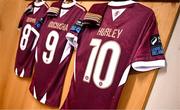 16 February 2024; The jerseys of Galway players, from right, David Hurley, Wassim Aouachria and Aodh Dervin hang in the dressing room before the SSE Airtricity Men's Premier Division match between Galway United and St Patrick's Athletic at Eamonn Deacy Park in Galway. Photo by Seb Daly/Sportsfile
