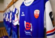 16 February 2024; A view of a Treaty United jersey hanging in the dressing room before the SSE Airtricity Men's First Division match between Treaty United and Cobh Ramblers at Markets Field in Limerick. Photo by Tom Beary/Sportsfile