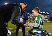 16 February 2024; Lee Grace of Shamrock Rovers meets Shamrock Rovers supporter Cian Smyth before the SSE Airtricity Men's Premier Division match between Shamrock Rovers and Dundalk at Tallaght Stadium in Dublin. Photo by Stephen McCarthy/Sportsfile