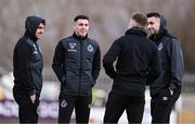 16 February 2024; Shamrock Rovers players, from left, Dylan Watts, Gary O'Neill, Sean Hoare and Neil Farrugia before the SSE Airtricity Men's Premier Division match between Shamrock Rovers and Dundalk at Tallaght Stadium in Dublin. Photo by Ben McShane/Sportsfile