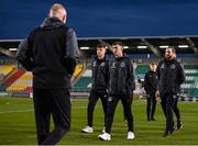 16 February 2024; Shamrock Rovers players, from left, Cian Barrett, Darragh Burns and goalkeeper Lee Steacy before the SSE Airtricity Men's Premier Division match between Shamrock Rovers and Dundalk at Tallaght Stadium in Dublin. Photo by Ben McShane/Sportsfile
