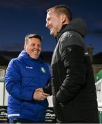16 February 2024; Bray Wanderers head coach Ian Ryan shakes hands with UCD manager Willie O'Connor before the SSE Airtricity Men's First Division match between Bray Wanderers and UCD at Carlisle Grounds in Bray, Wicklow. Photo by Tyler Miller/Sportsfile