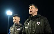 16 February 2024; Drogheda United manager Kevin Doherty, right, with Adam Foley before the SSE Airtricity Men's Premier Division match between Derry City and Drogheda United at The Ryan McBride Brandywell Stadium in Derry. Photo by Ramsey Cardy/Sportsfile