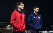 16 February 2024; St Patrick's Athletic players Ruairi Keating, left, and Cian Kavanagh before the SSE Airtricity Men's Premier Division match between Galway United and St Patrick's Athletic at Eamonn Deacy Park in Galway. Photo by Seb Daly/Sportsfile