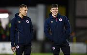 16 February 2024; St Patrick's Athletic players Jamie Lennon, left, and Joe Redmond before the SSE Airtricity Men's Premier Division match between Galway United and St Patrick's Athletic at Eamonn Deacy Park in Galway. Photo by Seb Daly/Sportsfile