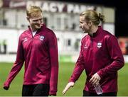 16 February 2024; Galway United players Vincent Borden, left and David Hurley before the SSE Airtricity Men's Premier Division match between Galway United and St Patrick's Athletic at Eamonn Deacy Park in Galway. Photo by John Sheridan/Sportsfile