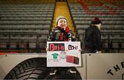 16 February 2024; Bohemians supporter Devin Devoy, age 3, from Cabra before the SSE Airtricity Men's Premier Division match between Bohemians and Sligo Rovers at Dalymount Park in Dublin. Photo by David Fitzgerald/Sportsfile