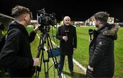 16 February 2024; Galway United manager John Caulfield is interviewed for LOITV before the SSE Airtricity Men's Premier Division match between Galway United and St Patrick's Athletic at Eamonn Deacy Park in Galway. Photo by Seb Daly/Sportsfile