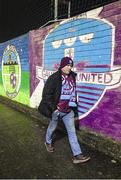 16 February 2024; A Galway United supporter arrives before the SSE Airtricity Men's Premier Division match between Galway United and St Patrick's Athletic at Eamonn Deacy Park in Galway. Photo by John Sheridan/Sportsfile