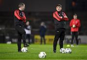 16 February 2024; Bohemians manager Declan Devine, right, and first team coach Derek Pender before the SSE Airtricity Men's Premier Division match between Bohemians and Sligo Rovers at Dalymount Park in Dublin. Photo by David Fitzgerald/Sportsfile
