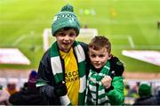 16 February 2024; Shamrock Rovers supporters Jack, age 10, left, and Harry Kearns, age 7, from Templeogue, Dublin, before the SSE Airtricity Men's Premier Division match between Shamrock Rovers and Dundalk at Tallaght Stadium in Dublin. Photo by Ben McShane/Sportsfile