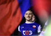 16 February 2024; Treaty United captain Ben O'Riordan prepares to lead his side out before the SSE Airtricity Men's First Division match between Treaty United and Cobh Ramblers at Markets Field in Limerick. Photo by Tom Beary/Sportsfile