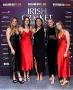 16 February 2024; Ireland ladies internationals, from left, Louise Little, Rebecca Stokell, Orla Pendergast, Gaby Lewis and Georgina Dempsey at the 12th Business Plus Irish Cricket Awards 2024 at Clontarf Castle Hotel in Dublin. Photo by Matt Browne/Sportsfile