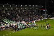 16 February 2024; Players and officials walk out for the SSE Airtricity Men's Premier Division match between Shamrock Rovers and Dundalk at Tallaght Stadium in Dublin. Photo by Stephen McCarthy/Sportsfile