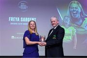 16 February 2024; Freya Sargent from Clontarf Cricket Club is presented with the Ladies Emerging Talent award by William Wilson from Kitman during the 12th Business Plus Irish Cricket Awards 2024 at Clontarf Castle Hotel in Dublin. Photo by Matt Browne/Sportsfile