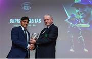16 February 2024; Chris de Freitas from Balbriggan Cricket Club is presented with the Men's Emerging Talent award by William Wilson from Kitman, during the 12th Business Plus Irish Cricket Awards 2024 at Clontarf Castle Hotel in Dublin. Photo by Matt Browne/Sportsfile