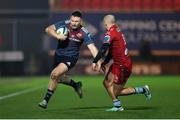 16 February 2024; Sean O'Brien of Munster in action against Ioan Nicholas of Scarlets during the United Rugby Championship match between Scarlets and Munster at Parc y Scarlets in Llanelli, Wales. Photo by Chris Fairweather/Sportsfile