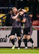 16 February 2024; Jamie Gullan of Dundalk is congratulated by team-mate Daryl Horgan, left, after scoring their side's first goal during the SSE Airtricity Men's Premier Division match between Shamrock Rovers and Dundalk at Tallaght Stadium in Dublin. Photo by Stephen McCarthy/Sportsfile