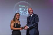 16 February 2024; Irish International Amy Hunter is presented with her ICC Womens Player of the Month award for January by Cricket Ireland Chief Executive Warren Deutrom during the 12th Business Plus Irish Cricket Awards 2024 at Clontarf Castle Hotel in Dublin. Photo by Matt Browne/Sportsfile