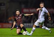 16 February 2024; Jordan Flores of Bohemians in action against John Ross Wilson of Sligo Rovers during the SSE Airtricity Men's Premier Division match between Bohemians and Sligo Rovers at Dalymount Park in Dublin. Photo by Stephen Marken/Sportsfile