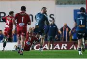 16 February 2024; RG Snyman of Munster looks for support after taking an interception during the United Rugby Championship match between Scarlets and Munster at Parc y Scarlets in Llanelli, Wales. Photo by Gruffydd Thomas/Sportsfile