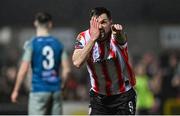 16 February 2024; Patrick Hoban of Derry City celebrates after scoring his side's second goal during the SSE Airtricity Men's Premier Division match between Derry City and Drogheda United at The Ryan McBride Brandywell Stadium in Derry. Photo by Ramsey Cardy/Sportsfile