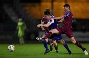 16 February 2024; Thomas Considine of Treaty United is tackled by Dean Larkin of Cobh Ramblers during the SSE Airtricity Men's First Division match between Treaty United and Cobh Ramblers at Markets Field in Limerick. Photo by Tom Beary/Sportsfile