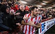 16 February 2024; Patrick Hoban of Derry City celebrates after scoring his side's second goal during the SSE Airtricity Men's Premier Division match between Derry City and Drogheda United at The Ryan McBride Brandywell Stadium in Derry. Photo by Ramsey Cardy/Sportsfile