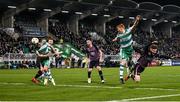 16 February 2024; Aaron Greene of Shamrock Rovers, left, heads his side's first goal during the SSE Airtricity Men's Premier Division match between Shamrock Rovers and Dundalk at Tallaght Stadium in Dublin. Photo by Stephen McCarthy/Sportsfile