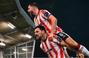 16 February 2024; Patrick Hoban of Derry City celebrates with Will Patching after scoring their side's second goal during the SSE Airtricity Men's Premier Division match between Derry City and Drogheda United at The Ryan McBride Brandywell Stadium in Derry. Photo by Ramsey Cardy/Sportsfile