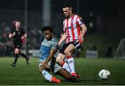 16 February 2024; Zishim Bawa of Drogheda United in action against Michael Duffy of Derry City during the SSE Airtricity Men's Premier Division match between Derry City and Drogheda United at The Ryan McBride Brandywell Stadium in Derry. Photo by Ramsey Cardy/Sportsfile
