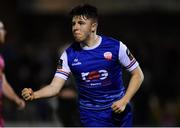 16 February 2024; Thomas Considine of Treaty United celebrates after scoring his side's third goal, and his second, during the SSE Airtricity Men's First Division match between Treaty United and Cobh Ramblers at Markets Field in Limerick. Photo by Tom Beary/Sportsfile