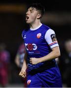 16 February 2024; Thomas Considine of Treaty United celebrates after scoring his side's third goal, and his second, during the SSE Airtricity Men's First Division match between Treaty United and Cobh Ramblers at Markets Field in Limerick. Photo by Tom Beary/Sportsfile