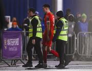 16 February 2024; Sean Boyd of Shelbourne walks to the tunnel after being shown a red card during the SSE Airtricity Men's Premier Division match between Waterford and Shelbourne at the Regional Sports Centre in Waterford. Photo by Harry Murphy/Sportsfile