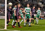 16 February 2024; Sean Hoare, right, of Shamrock Rovers watches his header go wide of the post during the SSE Airtricity Men's Premier Division match between Shamrock Rovers and Dundalk at Tallaght Stadium in Dublin. Photo by Stephen McCarthy/Sportsfile