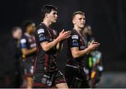 16 February 2024; James Clarke, left, and Brian McManus of Bohemians after the SSE Airtricity Men's Premier Division match between Bohemians and Sligo Rovers at Dalymount Park in Dublin. Photo by David Fitzgerald/Sportsfile