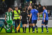 16 February 2024; Adam Verdon of UCD is shown a yellow card after the final whistle in the SSE Airtricity Men's First Division match between Bray Wanderers and UCD at Carlisle Grounds in Bray, Wicklow. Photo by Tyler Miller/Sportsfile