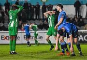 16 February 2024; Cole Omorehiomwan of Bray Wanderers, left, reacts after a late opportunity on goal during the SSE Airtricity Men's First Division match between Bray Wanderers and UCD at Carlisle Grounds in Bray, Wicklow. Photo by Tyler Miller/Sportsfile