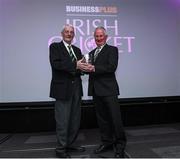 16 February 2024; David Caldwell from North West Cricket Union is presented with the Club Cricket Official of the Year, in honour of Paul Reynolds by Clive Reynolds during the 12th Business Plus Irish Cricket Awards 2024 at Clontarf Castle Hotel in Dublin. Photo by Matt Browne/Sportsfile