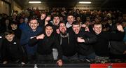 16 February 2024; St Patrick's Athletic supporters celebrate after their side's victory in the SSE Airtricity Men's Premier Division match between Galway United and St Patrick's Athletic at Eamonn Deacy Park in Galway. Photo by Seb Daly/Sportsfile