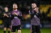 16 February 2024; Robbie Mahon, right, and Paul Doyle of Dundalk after the SSE Airtricity Men's Premier Division match between Shamrock Rovers and Dundalk at Tallaght Stadium in Dublin. Photo by Ben McShane/Sportsfile