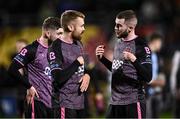 16 February 2024; Robbie Mahon, right, with Paul Doyle of Dundalk after the SSE Airtricity Men's Premier Division match between Shamrock Rovers and Dundalk at Tallaght Stadium in Dublin. Photo by Ben McShane/Sportsfile