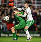 16 February 2024; Barry Coffey of Cork City is tackled by Ronan Teahan of Kerry FC during the SSE Airtricity Men's First Division match between Cork City and Kerry FC at Turner's Cross in Cork. Photo by Brendan Moran/Sportsfile
