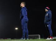 16 February 2024; Shelbourne manager Damien Duff and assistant manager Joey O'Brien during the SSE Airtricity Men's Premier Division match between Waterford and Shelbourne at the Regional Sports Centre in Waterford. Photo by Harry Murphy/Sportsfile