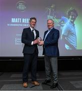 16 February 2024; Matt Reed from Cork County Cricket Club is presented with the award for Groundskeeping Team of the Year by Paul Farrell from The Lord's Taverners Ireland during the 12th Business Plus Irish Cricket Awards 2024 at Clontarf Castle Hotel in Dublin. Photo by Matt Browne/Sportsfile