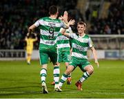 16 February 2024; Aaron Greene of Shamrock Rovers is congratulated by team-mate Conan Noonan, right, after scoring their goal during the SSE Airtricity Men's Premier Division match between Shamrock Rovers and Dundalk at Tallaght Stadium in Dublin. Photo by Stephen McCarthy/Sportsfile