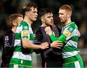 16 February 2024; Darragh Nugent of Shamrock Rovers and Archie Davies of Dundalk during the SSE Airtricity Men's Premier Division match between Shamrock Rovers and Dundalk at Tallaght Stadium in Dublin. Photo by Stephen McCarthy/Sportsfile